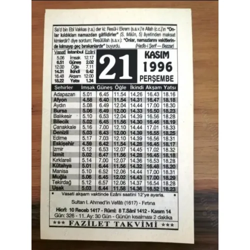 21 Kasım 1996 Takvim yaprağı Doğum Özel gün hediyesi