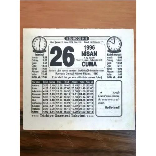 26 Nisan 1996 Takvim yaprağı Doğum Özel gün hediyesi