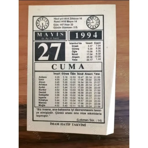 27 Mayıs 1994 Takvim yaprağı Doğum Özel gün hediyesi