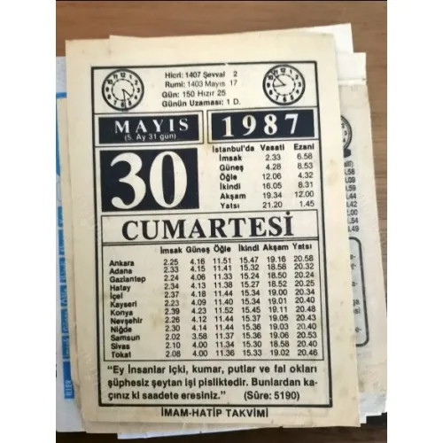 30 Mayıs 1987 Takvim yaprağı Doğum Özel gün hediyesi