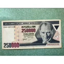 250000 İkiYüzElliBin Türk Lirası E7 3. Tertip G89 Kağıt Para (1994-2011)