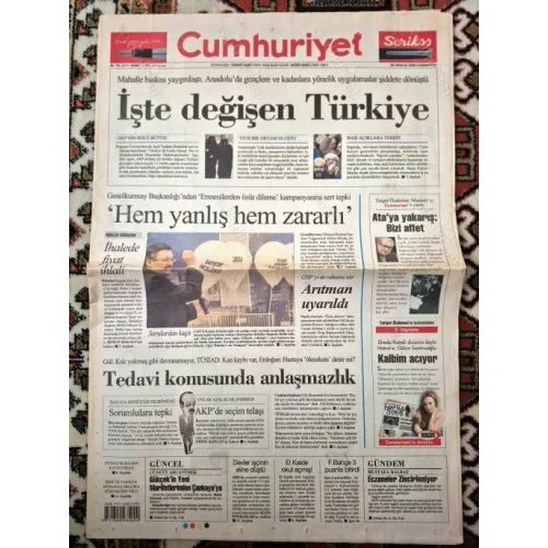 Cumhuriyet 20 Aralık 2008 Değişen Türkiye, Turgut Özakman söyleşi, Melih Gökçek Balon şov, Ümraniye bombaları, AKp de seçim telaşı