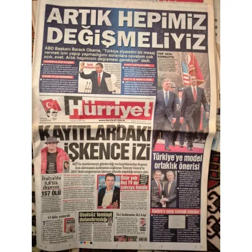 Hürriyet 7 Nisan 2009 Obama TBMM de, Haham Tuncay Güney, Kaya Feraye nikah, İstanbul Gösteri merkezi kül oldu,